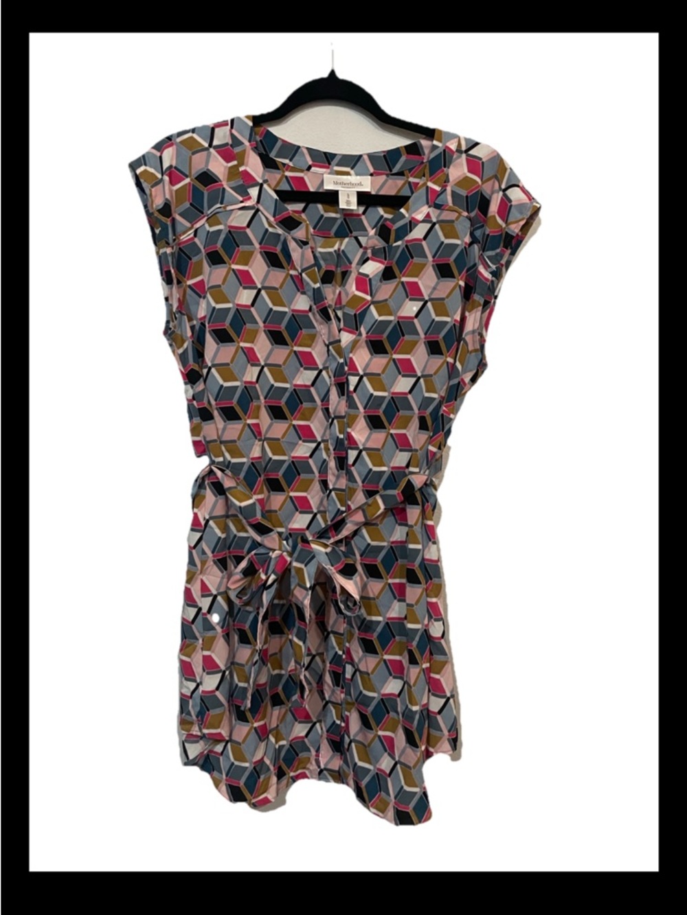 Women’s Motherhood Maternity Geometric Print Sleeveless Top Pink Blue Waist Sash